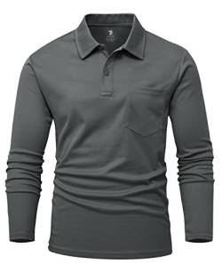 YSENTO Herren Poloshirts Langarm Golfshirts Schnelltrocknend Atmungsaktiv Outdoor Funktionell Tennis Arbeit Casual Polo T-Shirts Tops mit Brillenhalter(Dunkelgrau,3XL) von YSENTO