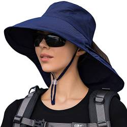 Wasserdichter Wanderhut mit LSF 50, Sonnenschutz, UV-Schutz, breite Krempe, Nackenklappe für Damen, navy, Einheitsgröße von YSKIZA