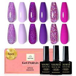 YSUVIN UV Nagellack, 6 Stück Gel Nagellack, Lila Rose Glitzer Soak-Off UV Gellack für Frauen Home DIY Nail Art Maniküre Salon, Langlebig, 8ML von YSUVIN