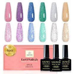 YSUVIN UV Nagellack Glitzer, 6 Stück Reflektierender Glitzer Gel Nagellack Set Glänzender Funkelnder Silber Gold Blau Rosa Grün Diamant Nagellack für Frauen Home Nail Art Maniküre, 8ml von YSUVIN