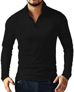 YTD Herren Langarm-Polo-Shirts mit Viertelreißverschluss, leger, schmale Passform, Stehkragen, Basic-Design aus Baumwolle, schwarz, Groß von YTD