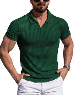 YTD Herren-Poloshirt, V-Ausschnitt, schmale Passform, einfarbig, kurzärmelig, Golf-T-Shirts, gerippt, weich, Dunkelgrün, Mittel von YTD