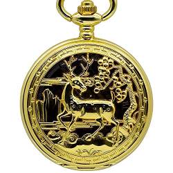 Taschenuhr Mit Kette Taschenuhr, Golden Hollow Deer Pattern Mechanische Vintage Double Side Clock Männliche Halskette Uhrenkette, Steam (Color : Gold) von YTGLQAZ