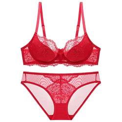 YUANCHENG Plus Size Blumen-BH und Slip-Sets für Frauen, Stickerei, Spitze, Dessous, dünner Push-Up-Büstenhalter,rot,70E mit S-Höschen von YUANCHENG