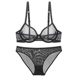 YUANCHNG Frauen durchsichtige Spitze Push Up transparente Alltags-BH und Höschen Tanga Open BH Schwarz 95C von YUANCHNG