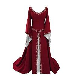 YUDATPG Mittelalterliches Kleid, ausgestellt, langärmelig, Renaissance-Kleid für Damen, Bauern-Chemise, Halloween-Kostüm, Fee, Gothickleid, Nachthemd (AS8, Alpha, M, regulär, regulär, rot) von YUDATPG