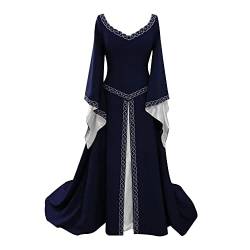 YUDATPG Mittelalterliches Kleid Flare Langarm Renaissance Kleid für Frauen Bauer Chemise Halloween Kostüm Fee Gothic Kleid Nachthemd Dress Up, dunkelblau, X-Large von YUDATPG