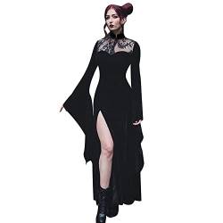 YUDATPG Sexy geteiltes Kleid für Damen, Spitze, lange ausgestellte Ärmel, Meerjungfrau, hoher Ausschnitt, Taille, Halloween, Gothic, Hexe, Cosplay, Maxikleid, Schwarz , Small von YUDATPG