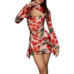 YUDATPG Traditionelles chinesisches Cheongsam-Damenkleid, sexy, Club-Kleid, lang, floral, ausgestellt, Ärmel, Mini-Kleid, figurbetontes Kleid, Mini-Kleid, Cocktail-Club, Abendkleid, rot, Medium von YUDATPG