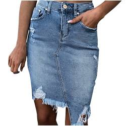 Damen Jeans Mini-Rock hohe Taille vorne Knopf Röcke mit Fransen Ripped Saum Minirock Boyfriend Skirt Stretch Kurze Bleistiftrock Vintage Partykleider von YUE