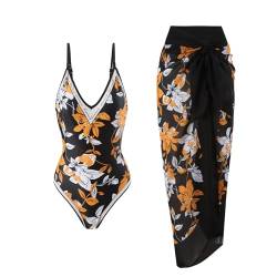 YUE Badeanzug Damen Bauchweg Monokini Set Sommer Pareo Zweiteilig Badeanzug Retro Blumenmuster Bademode Figurformend Bauchweg Bikini for Women mit Cups von YUE