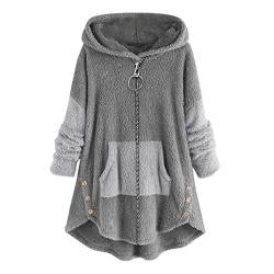 YUE Damen Mantel Plüschjacke Hoodie Jacke Warm GefüTterte Fleecemantel Kapuzenjacke Reißverschluss Oversize Softshelljacke Große Größen LäSsige Teddyjacke Winterjacke mit Taschen (Grey, XXXXXL) von YUE