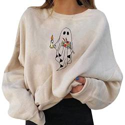 YUE Halloween Pullover Damen Oversized Sweatshirt lustig und Kürbis Pullover Langarm lässig lose Fit Shirt Tops Herbst Vintage Sweat Pulli Langshirt Party Pulli Tops (Beige, M) von YUE