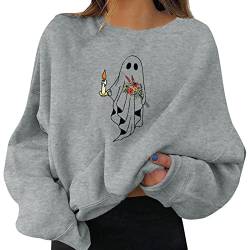 YUE Halloween Pullover Damen Oversized Sweatshirt lustig und Kürbis Pullover Langarm lässig lose Fit Shirt Tops Herbst Vintage Sweat Pulli Langshirt Party Pulli Tops (Grey, L) von YUE