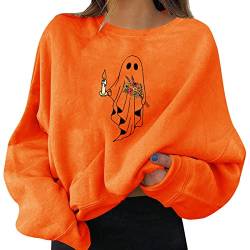 YUE Halloween Pullover Damen Oversized Sweatshirt lustig und Kürbis Pullover Langarm lässig lose Fit Shirt Tops Herbst Vintage Sweat Pulli Langshirt Party Pulli Tops (Orange, S) von YUE