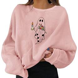 YUE Halloween Pullover Damen Oversized Sweatshirt lustig und Kürbis Pullover Langarm lässig lose Fit Shirt Tops Herbst Vintage Sweat Pulli Langshirt Party Pulli Tops (Pink, S) von YUE