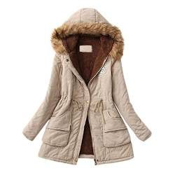 YUE Winterjacke Damen Winter Jacke mit Kapuze Wintermantel Lang Winterparka Freizeit Winter Reißverschluss Kapuzenjacke Oversize Softshelljacke Pelzmantel für Winter und Herbst (Beige, L) von YUE