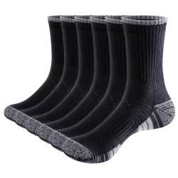 YUEDGE Schwarze gepolsterte Herren-Socken Baumwolle Crew-Socken, feuchtigkeitsableitend, atmungsaktiv, athletisch, lässig, Training, Arbeitssocken für Herren, Größe 45-47, 6 Paar von YUEDGE