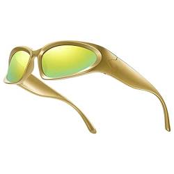 YUELUQU Futuristisch Sonnenbrillen Fahrradbrille für damen herren Y2K Sportbrille UV400 Schutz party brille rennrad brille (Gold(R)-Grün(L)) von YUELUQU