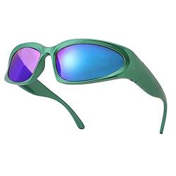 YUELUQU Futuristisch Sonnenbrillen Fahrradbrille für damen herren Y2K Sportbrille UV400 Schutz party brille rennrad brille (Grün(R)-Grün(L)) von YUELUQU