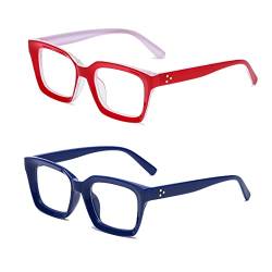 YUELUQU Klassische, quadratische Brillenrahmen, nicht verschreibungspflichtig, dicker Brillenrahmen für Damen und Herren, Rot/Blau, Medium von YUELUQU