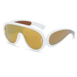 YUELUQU Mode Rave Sonnenbrille für Frauen Männer übergroße futuristische Schild Welle Maske Sonnenbrille Designer Stil (Weiß/gold) von YUELUQU