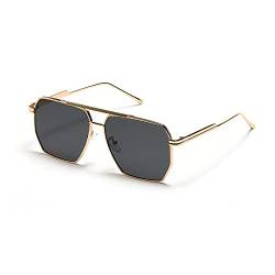 YUELUQU Polarisierte Retro Oversized Square Sonnenbrille für Damen Herren Vintage Schattierungen UV400 Klassisch Großer Metallrahmen, Gold Grau, Medium von YUELUQU