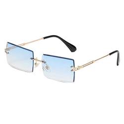 YUELUQU Retro Rahmenlose Sonnenbrille für Damen Herren Mode Retro Rechteck Brille Quadratische durchsichtige Sonnenbrille (A-Gold/blau) von YUELUQU