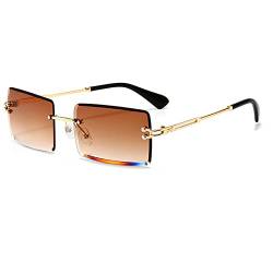 YUELUQU Retro Rahmenlose Sonnenbrille für Damen Herren Mode Retro Rechteck Brille Quadratische durchsichtige Sonnenbrille (A-Gold/tee) von YUELUQU