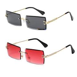YUELUQU Retro Rahmenlose Sonnenbrille für Damen Herren Mode Retro Rechteck Brille Quadratische durchsichtige Sonnenbrille (B-schwarz+rot) von YUELUQU