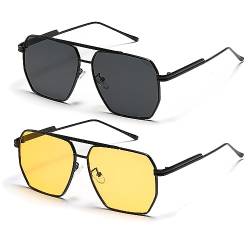 YUELUQU Retro übergroße quadratische Sonnenbrille für Damen Herren Vintage Shades UV400 Klassischer großer Metallrahmen（Schwarzer/gelb+Schwarzer/grau） von YUELUQU