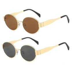 YUELUQU Runde Vintage Sonnenbrille Klassische Retro Metallrahmen Sonnenbrille Oval Punk für Frauen Männer Brille (Gold/Grau+Gold/Tee) von YUELUQU