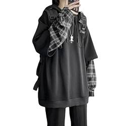 YUESUO Emo Streetwear Vintage Hoodie Damen Herren Oversized Sweatshirt Punk Patchwork Pullover Grunge Plaid Hoodie Kleidung, Schwarz, L von YUESUO