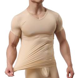 YFD Herren Unterhemd aus Mesh Transparent Shirt Stretch T-shirt Unterwäsche Reizwäsche, Beige , XL von YUFEIDA