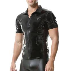 YUFEIDA Herren Tops Kunstleder Hemden Klassisch glänzend Wetlook PVC Shirts Unterhemden Muscle Fit Kurzarm Zipper Shirts Tops für Herren von YUFEIDA