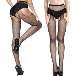 YUFFQOPC 2 Paar Netzstrumpfhose Schwarz, Strumpfhosen Damen Muster Prickelnde Strass-Netzstrümpfe Damen Netzstrumpfhose mit Hoher Taille Elastisch Schwarz Set Schiere Mesh Loch Strumpfhose von YUFFQOPC