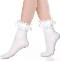 YUFFQOPC Rüschen Socken Damen Lolita Socks Weiß Spitze Socke mit Schleife Prinzessin Socken Knöchel Socken für Lolita Dress Frauen Mädchen Kleidung Kostüm Schmücken von YUFFQOPC