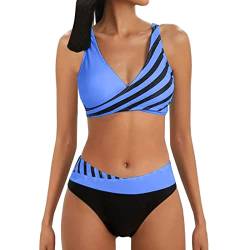 YUGHGH Bikini Damen GroßE Brüste Bauchweg Zweiteiliger Push Up Sexy Farbblockdruck Brustpolster Swimsuit Set Triangel Bikini Swimsuit Beachwear Leopard Front (Blue-1, L) von YUGHGH