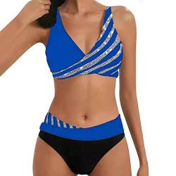 YUGHGH Bikini Damen GroßE Brüste Bauchweg Zweiteiliger Push Up Sexy Farbblockdruck Brustpolster Swimsuit Set Triangel Bikini Swimsuit Beachwear Leopard Front (Blue-7, L) von YUGHGH