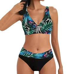 YUGHGH Bikini Damen GroßE Brüste Bauchweg Zweiteiliger Push Up Sexy Farbblockdruck Brustpolster Swimsuit Set Triangel Bikini Swimsuit Beachwear Leopard Front (Green-8, L) von YUGHGH