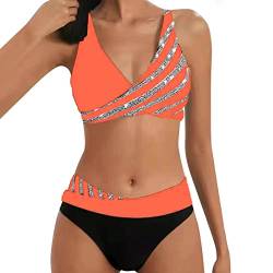 YUGHGH Bikini Damen GroßE Brüste Bauchweg Zweiteiliger Push Up Sexy Farbblockdruck Brustpolster Swimsuit Set Triangel Bikini Swimsuit Beachwear Leopard Front (Orange-7, L) von YUGHGH
