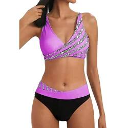 YUGHGH Bikini Damen GroßE Brüste Bauchweg Zweiteiliger Push Up Sexy Farbblockdruck Brustpolster Swimsuit Set Triangel Bikini Swimsuit Beachwear Leopard Front (Purple-6, L) von YUGHGH