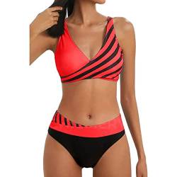 YUGHGH Bikini Damen GroßE Brüste Bauchweg Zweiteiliger Push Up Sexy Farbblockdruck Brustpolster Swimsuit Set Triangel Bikini Swimsuit Beachwear Leopard Front (Red-1, S) von YUGHGH