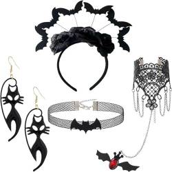 Fledermaus-Stirnbänder für Teenager, Damen, mit baumelnden Ohrringen, Choker und Armreifen, Set, Festival-Kostüm für Rollenspiele, Party, Aufführungen, baumelnde Ohrringe für Frauen, schwarz, von YUHANGCIYE