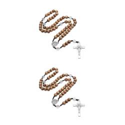 YUHANGCIYE Handgefertigte runde Perlen-Rosenkranz-Halskette für Herren, für Kreuz, Jesus-Anhänger, katholisch, religiös, approx.5.3x3.1cm/2.09x1.22in, Holz, Legierung von YUHANGCIYE