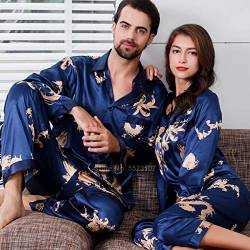 YUHOOE Damen Schlafanzug Lang Satin Pyjama,Damen Seidensatin Pyjama Set 2Pcs Langarmhose Chinesischer Stil Neujahr Drachendruck Nachtwäsche Herren Paar Pyjama Loungewear(Blau),Herren,XL von YUHOOE