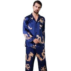 YUHOOE Damen Schlafanzug Lang Satin Pyjama,Damen Seidensatin Pyjama Set 2Pcs Langarmhose Chinesischer Stil Neujahr Drachendruck Nachtwäsche Herren Paar Pyjama Loungewear(Blau),Herren,XXL von YUHOOE