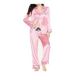 YUHOOE Satin Damen Schlafanzug Pyjamas, Langarm Nachtwäsche mit Knopfleiste Zweiteiliger Langarm Nachtwäsche Hausanzug Weich Sleepwear Lang Pyjama Set für Frauen,Rosa,M von YUHOOE