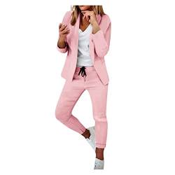 Damen Anzug Elegant 2 teilig Business Anzug Set Hosenanzug BlazerHose Zweiteiler Damen Elegant Festlich Hosenanzug Damen Sportlich Slimfit Streetwear Hosenanzug Frauen Anzug elegant Set (A-Pink, S) von YUHYtop