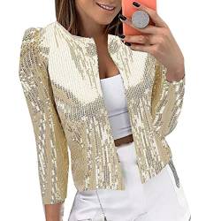 Damen Pailletten Cardigan Jacke Langarm Glitzer Bomberjacke Party Club Jacke Pailletten-Blazer Damen Elegant Tailliert Anzugjacke Glitzer Tops Kurz Oberteile Blazer Glitzer Outfits (Beige, XXXL) von YUHYtop